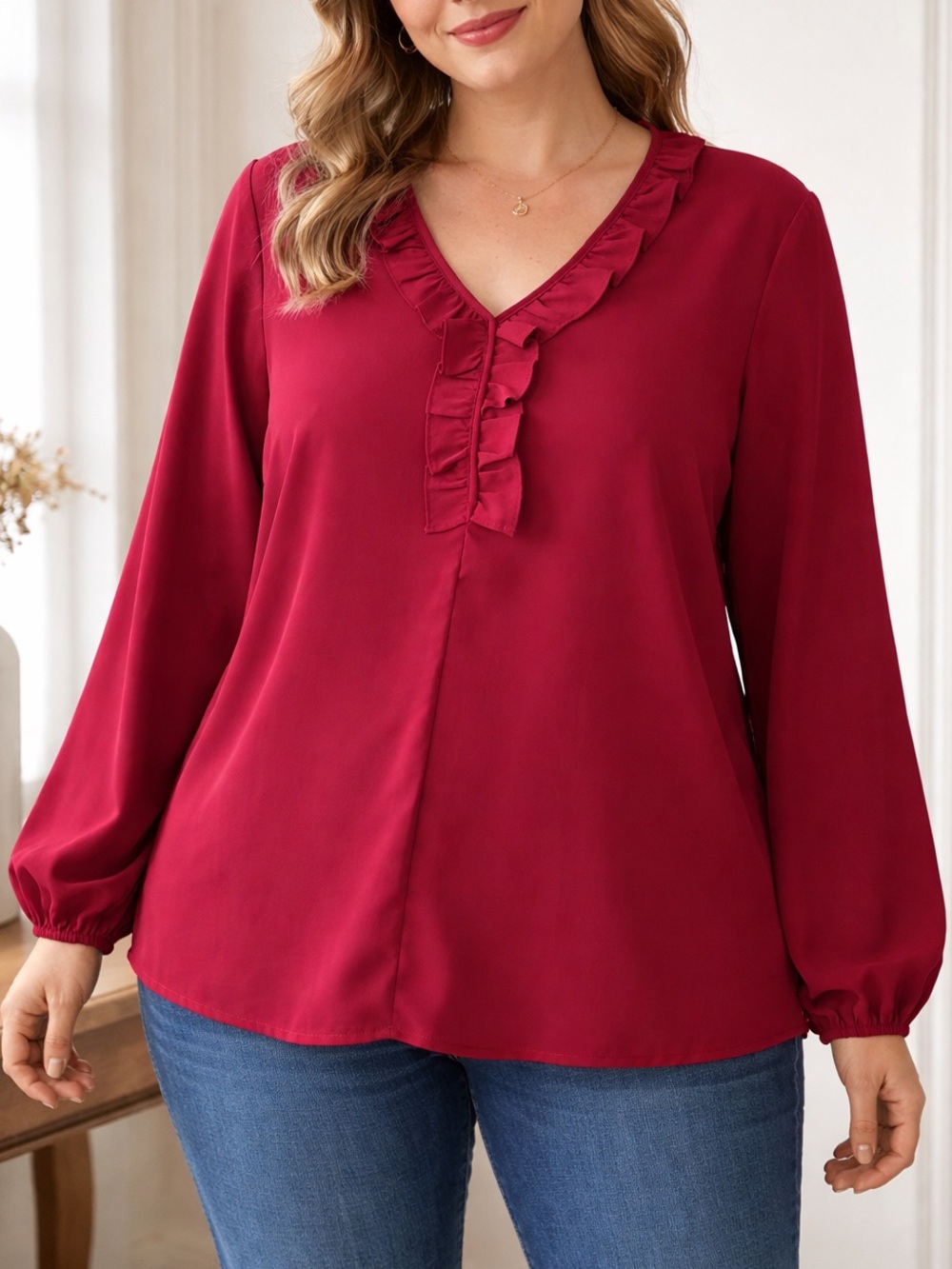 Burgundy Ruffled‎ V-Neck Blouse Long Sleeve Feminine Work Casual Top